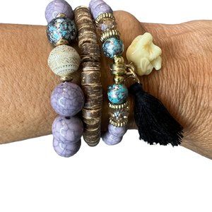 Boho stretch bracelet with lavender, blue beads and charms NEW